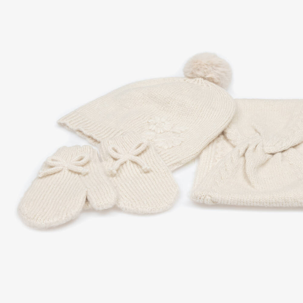 Mayoral-Girls Ivory Glitter Knitted Hat, Scarf & Mittens Set | Childrensalon Outlet
