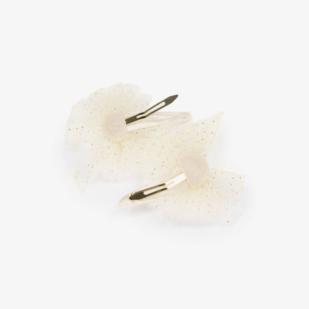 Abel & Lula-Girls Ivory & Glittery Gold Tulle Bow Hairclips (2 Pack) | Childrensalon Outlet