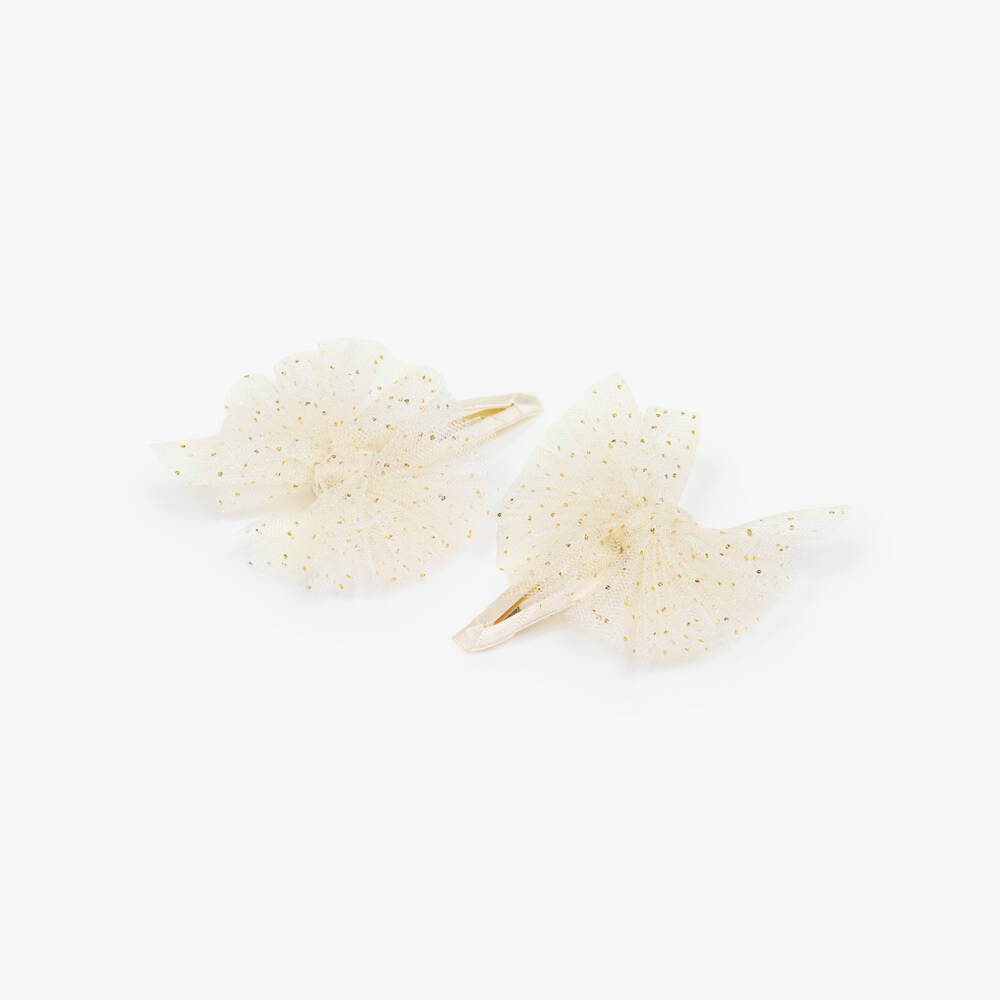 Abel & Lula-Girls Ivory & Glittery Gold Tulle Bow Hairclips (2 Pack) | Childrensalon Outlet