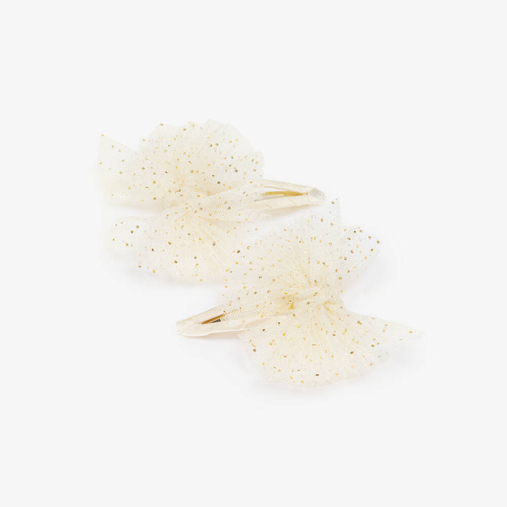Abel & Lula-Girls Ivory & Glittery Gold Tulle Bow Hairclips (2 Pack) | Childrensalon Outlet