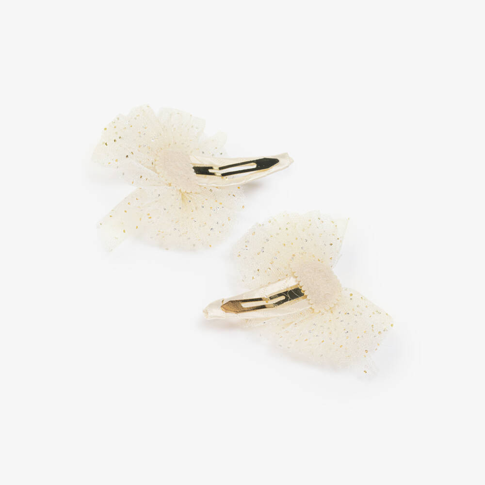 Abel & Lula-Girls Ivory & Glittery Gold Tulle Bow Hairclips (2 Pack) | Childrensalon Outlet