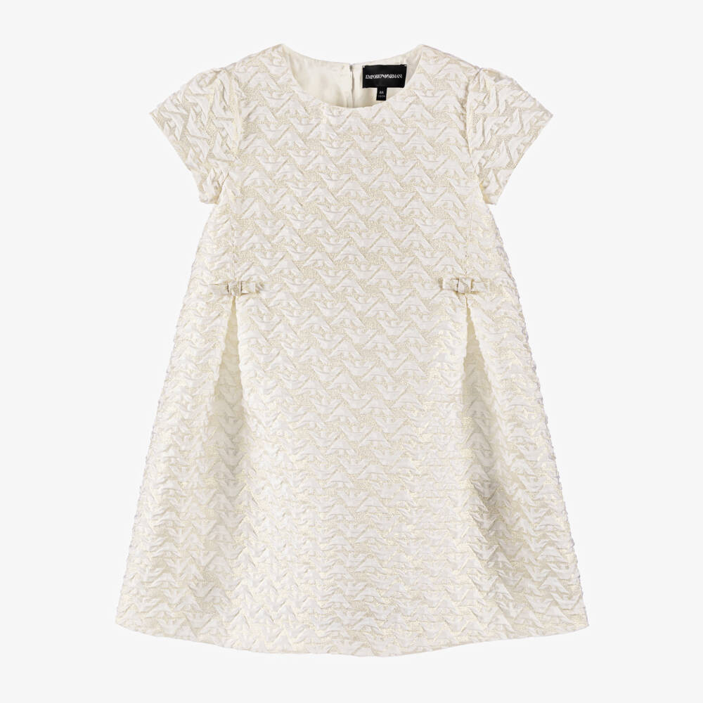Emporio Armani-Girls Ivory & Gold Eagle Logo Dress with Bows | Childrensalon Outlet