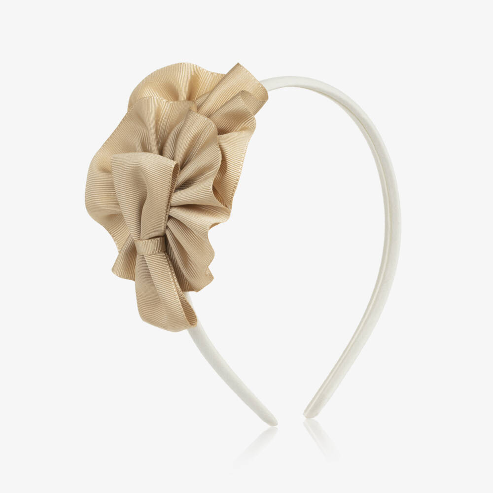 Miranda-Girls Ivory & Gold Grosgrain Bow Hairband | Childrensalon Outlet