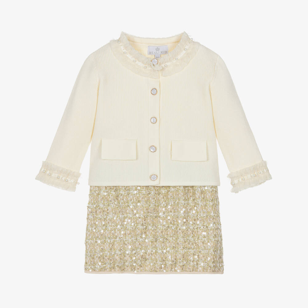 Beau KiD-Girls Ivory & Gold Sequinned Tweed Skirt Set | Childrensalon Outlet