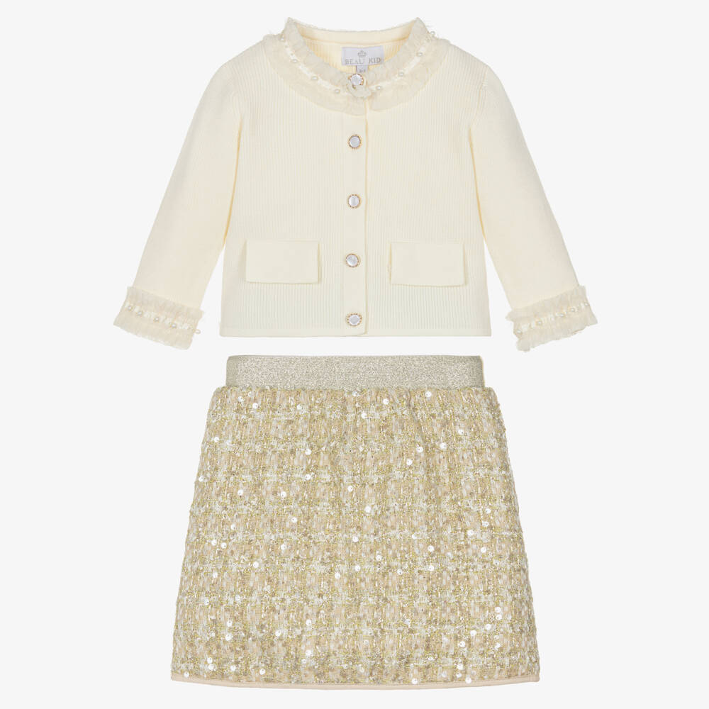 Beau KiD-Girls Ivory & Gold Sequinned Tweed Skirt Set | Childrensalon Outlet