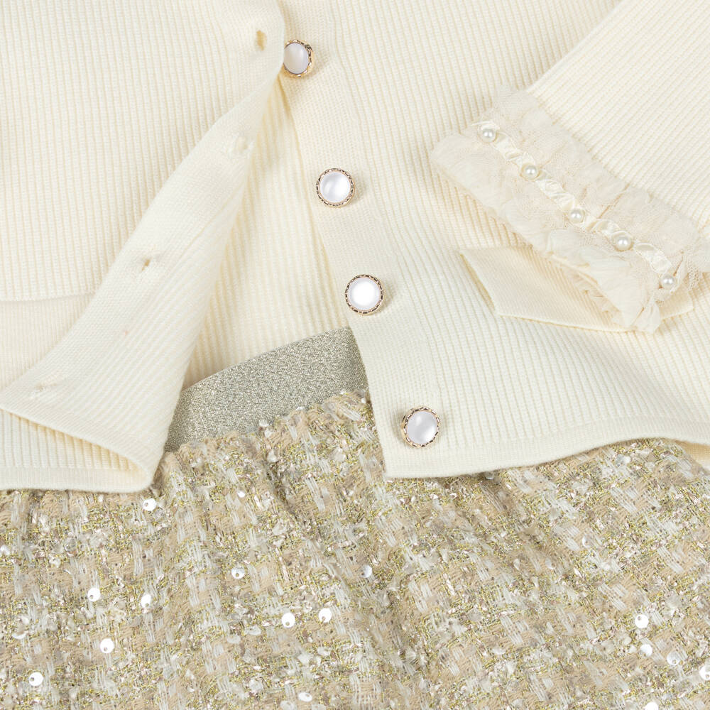 Beau KiD-Girls Ivory & Gold Sequinned Tweed Skirt Set | Childrensalon Outlet