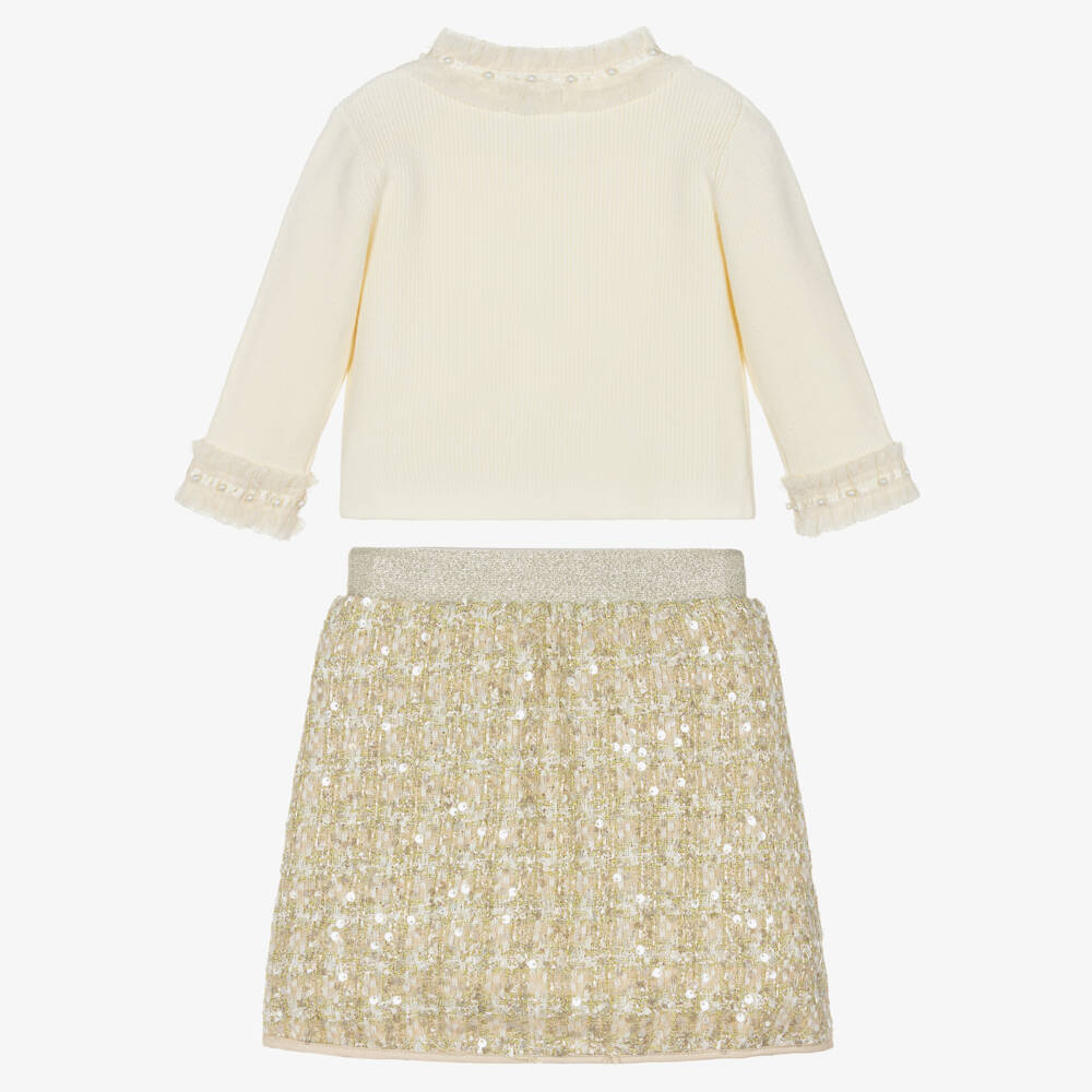 Beau KiD-Girls Ivory & Gold Sequinned Tweed Skirt Set | Childrensalon Outlet