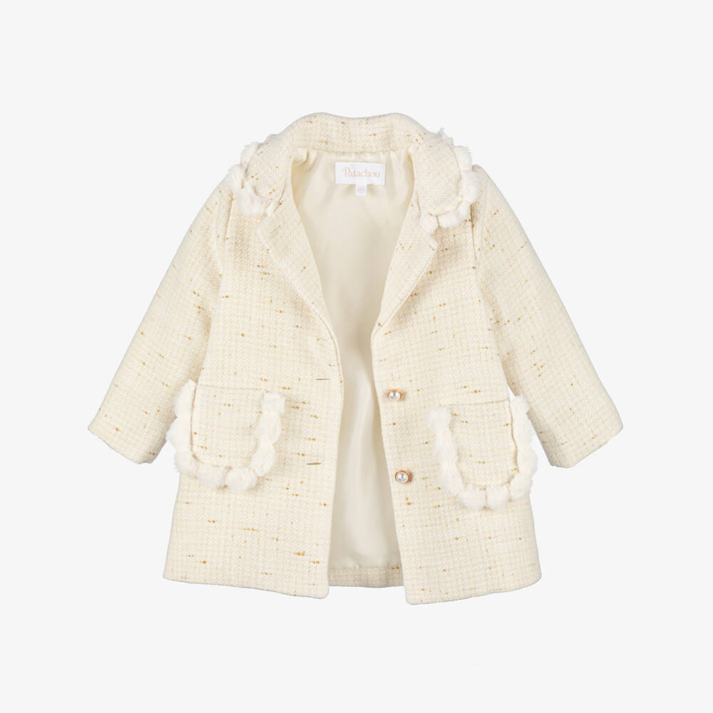 Patachou-Girls Ivory & Gold Tweed Coat with Faux Fur Trims | Childrensalon Outlet