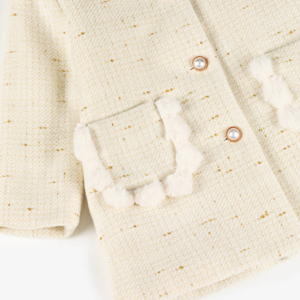 Patachou-Girls Ivory & Gold Tweed Coat with Faux Fur Trims | Childrensalon Outlet