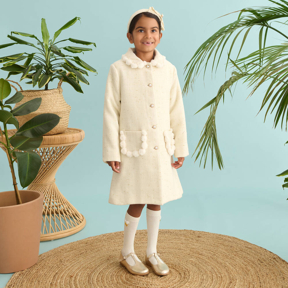 Patachou-Girls Ivory & Gold Tweed Coat with Faux Fur Trims | Childrensalon Outlet