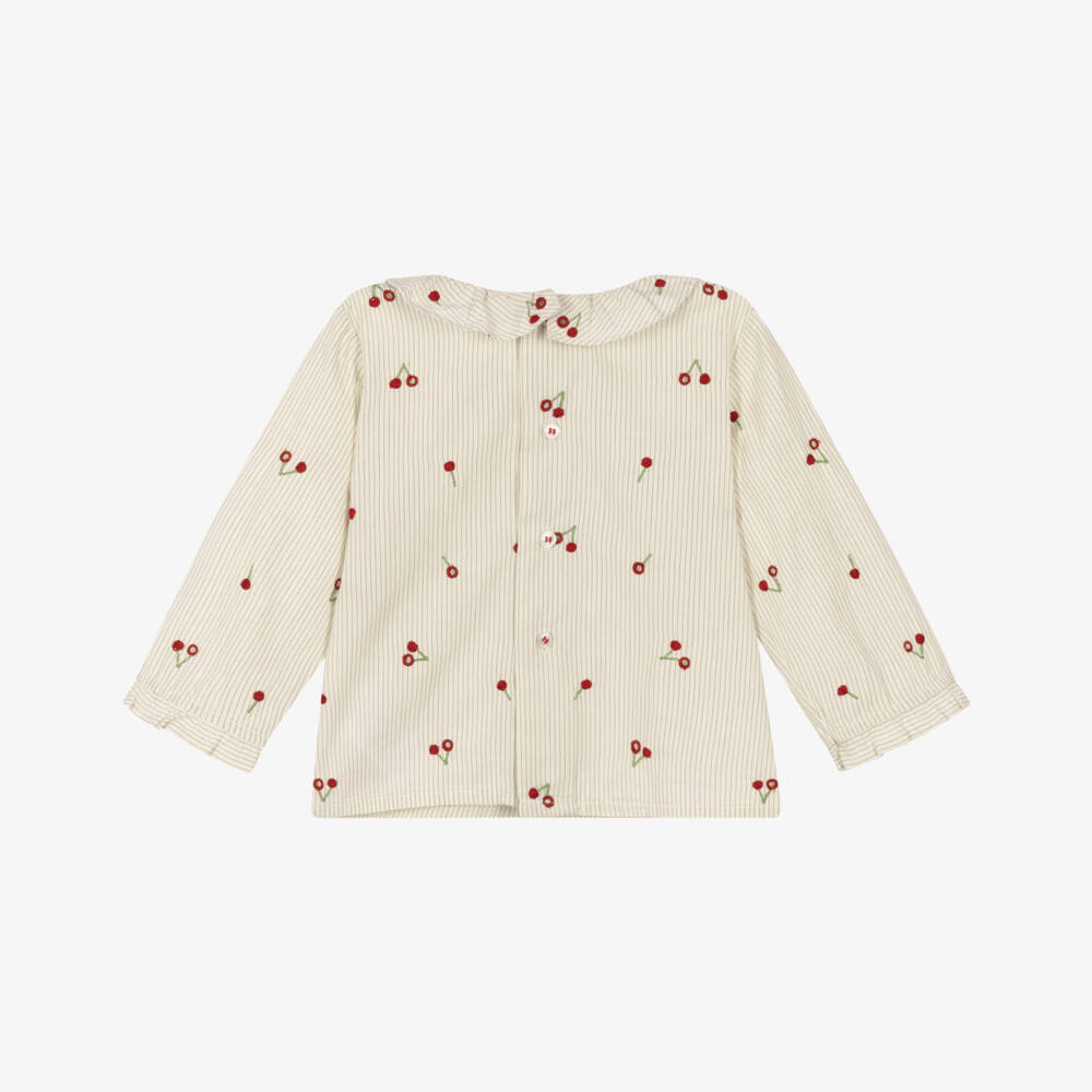 Bonpoint-Girls Ivory & Green Striped Blouse with Cherry Embroidery | Childrensalon Outlet
