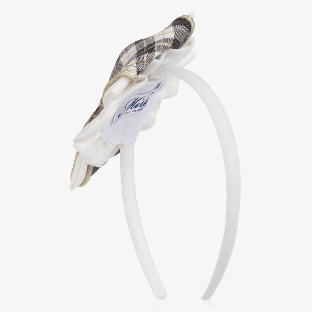 Miranda-Girls Ivory & Grey Checked Bow Hairband | Childrensalon Outlet