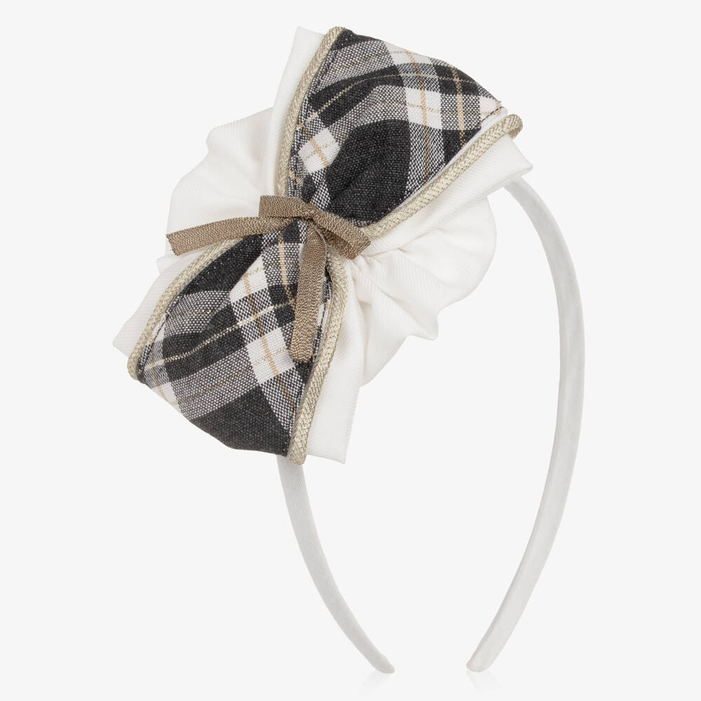 Miranda-Girls Ivory & Grey Checked Bow Hairband | Childrensalon Outlet