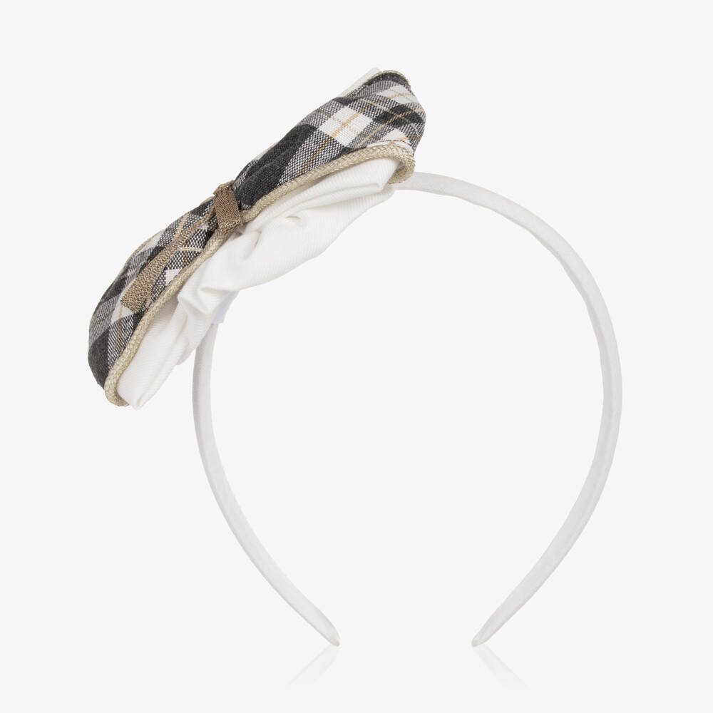 Miranda-Girls Ivory & Grey Checked Bow Hairband | Childrensalon Outlet