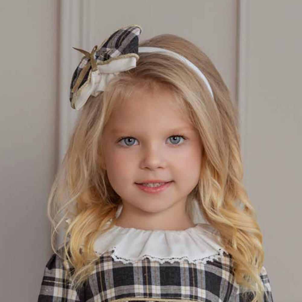 Miranda-Girls Ivory & Grey Checked Bow Hairband | Childrensalon Outlet