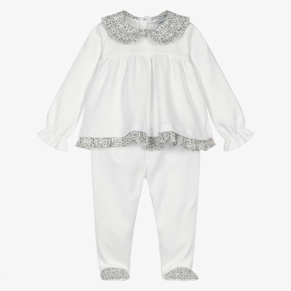 Babidu-Girls Ivory & Grey Floral Cotton Jersey 2-Piece Babygrow | Childrensalon Outlet