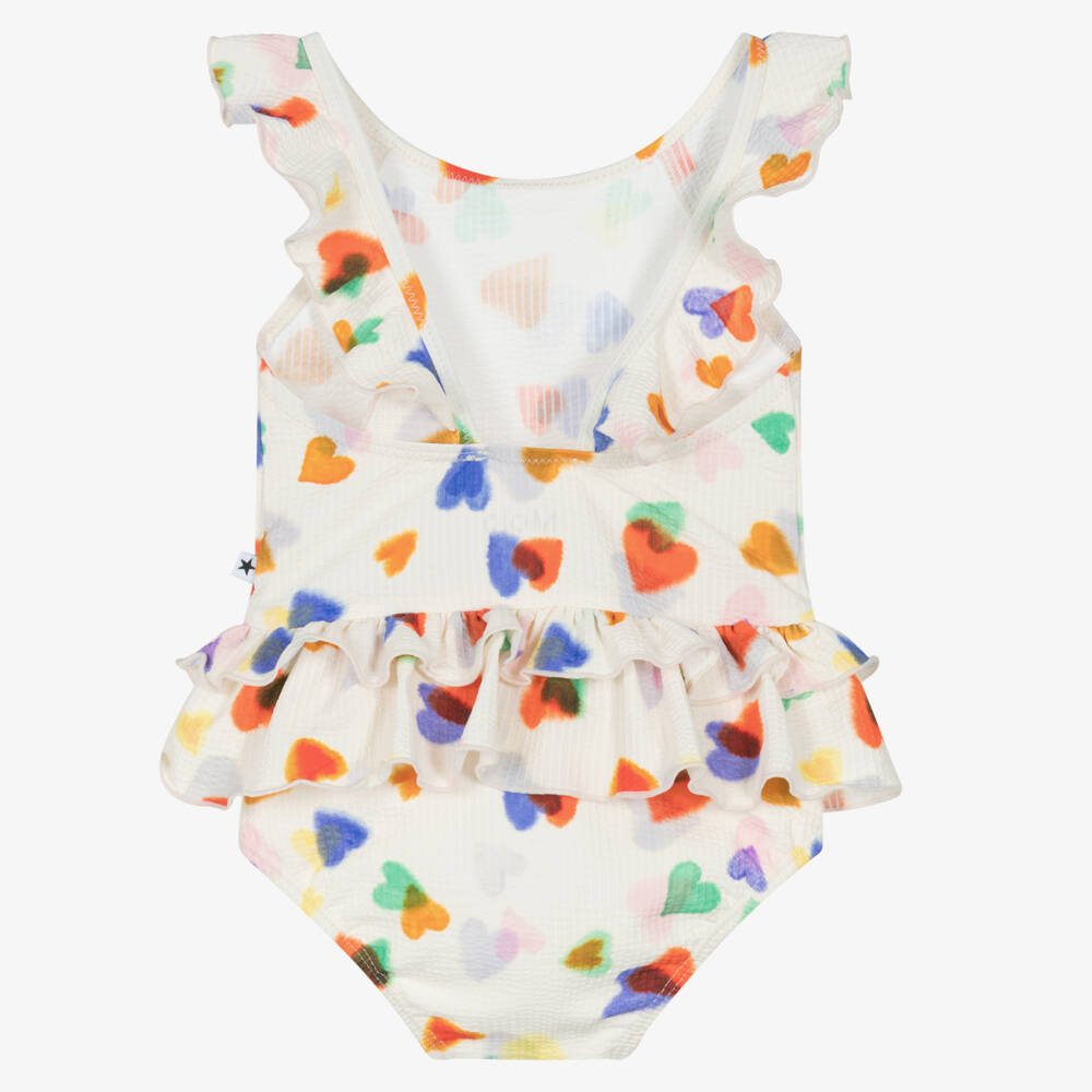 Molo-Girls Ivory Heart Print Ruffle Swimsuit (UPF50+) | Childrensalon Outlet