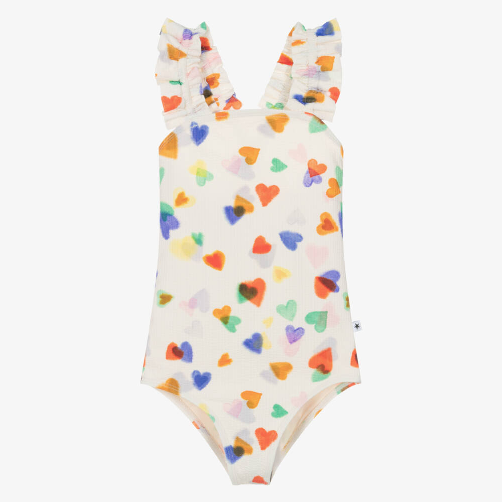Molo-Girls Ivory Heart Print Swimsuit (UPF50+) | Childrensalon Outlet