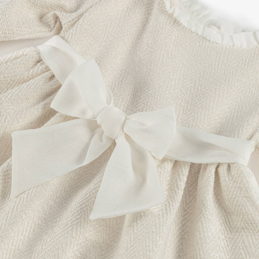 Mebi-Girls Ivory Jacquard Bow Detail Dress | Childrensalon Outlet