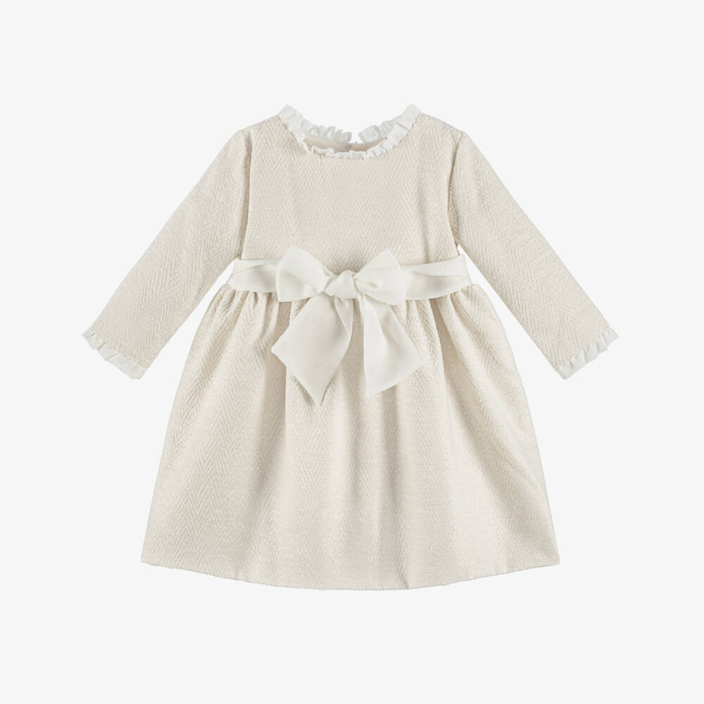 Mebi-Girls Ivory Jacquard Bow Detail Dress | Childrensalon Outlet