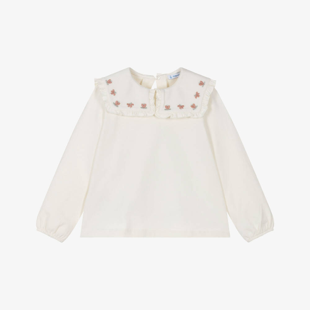 Mayoral-Girls Ivory Jersey Blouse with Embroidered Collar | Childrensalon Outlet