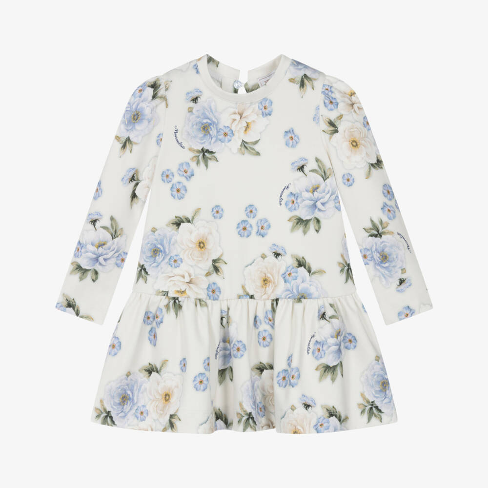 Monnalisa-Girls Ivory Jersey Dress with Vintage Blue Rose Print | Childrensalon Outlet