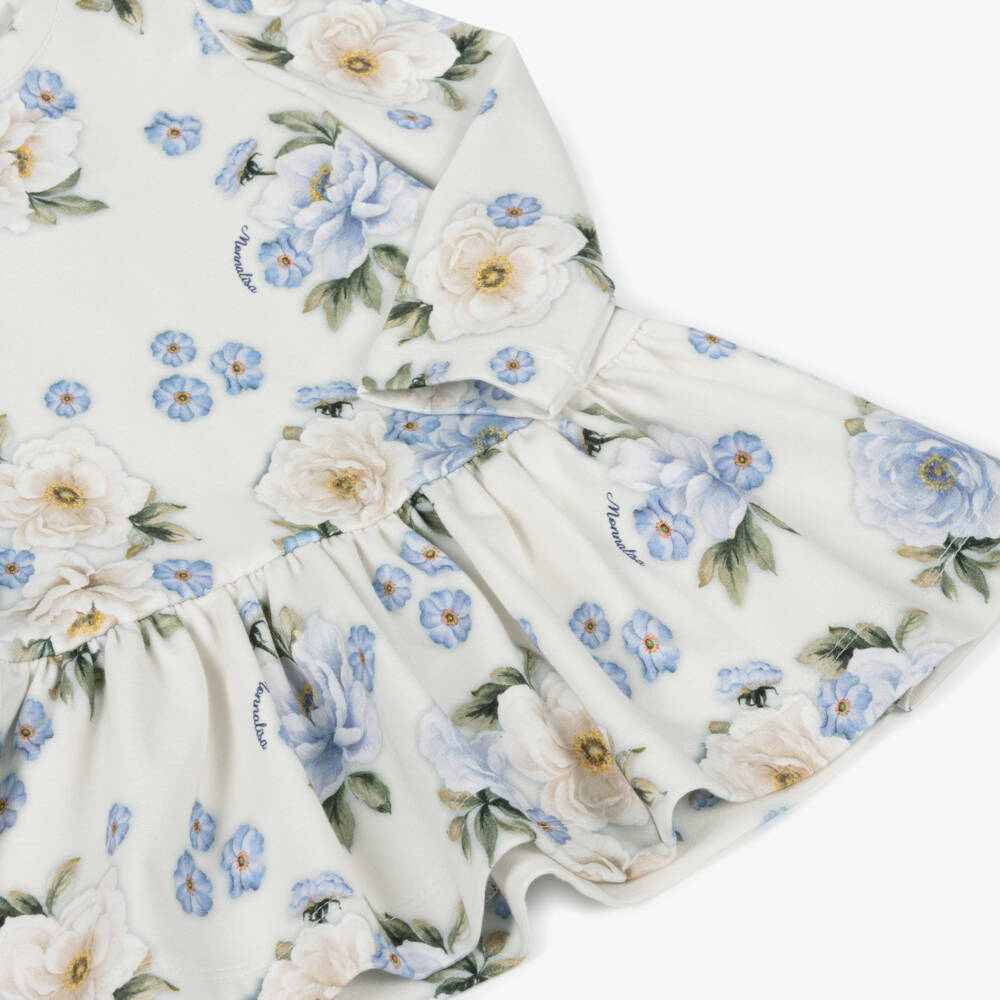 Monnalisa-Кремовое вязаное платье с синими цветами для девочек | Childrensalon Outlet