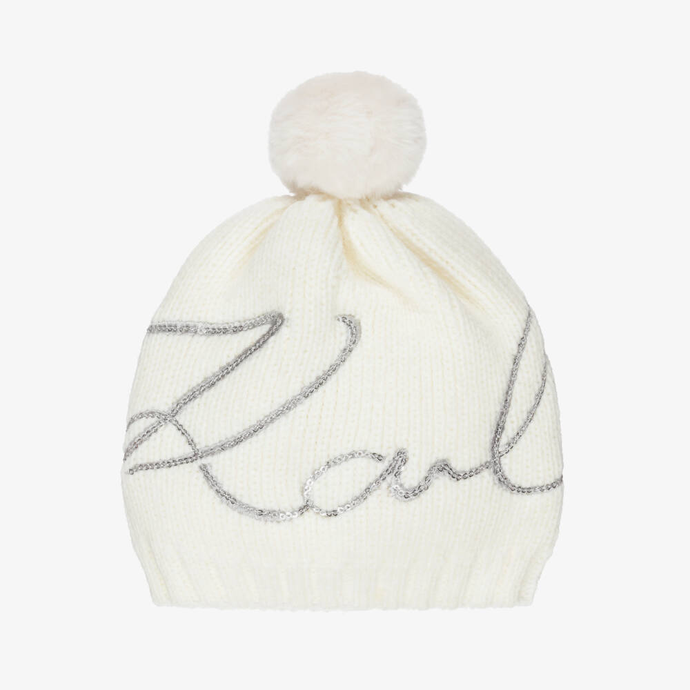 KARL LAGERFELD KIDS-Girls Ivory Knitted Bobble Hat with Sequin Logo | Childrensalon Outlet