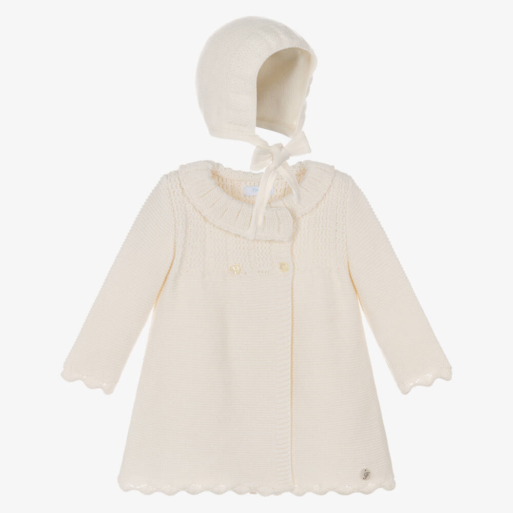Foque-Girls Ivory Knitted Coat & Bonnet Set | Childrensalon Outlet