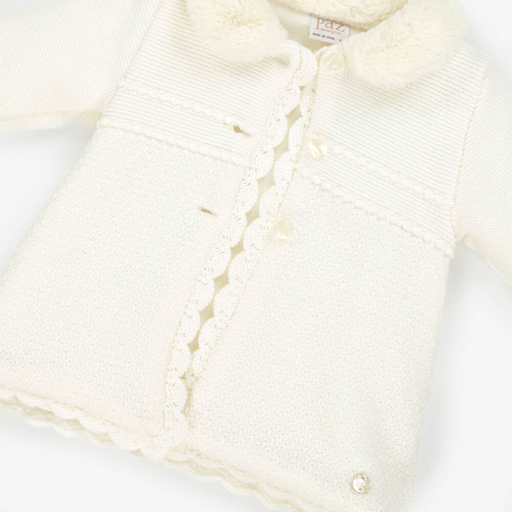 PAZ Rodríguez-Girls Ivory Knitted Coat with Faux Fur Collar | Childrensalon Outlet