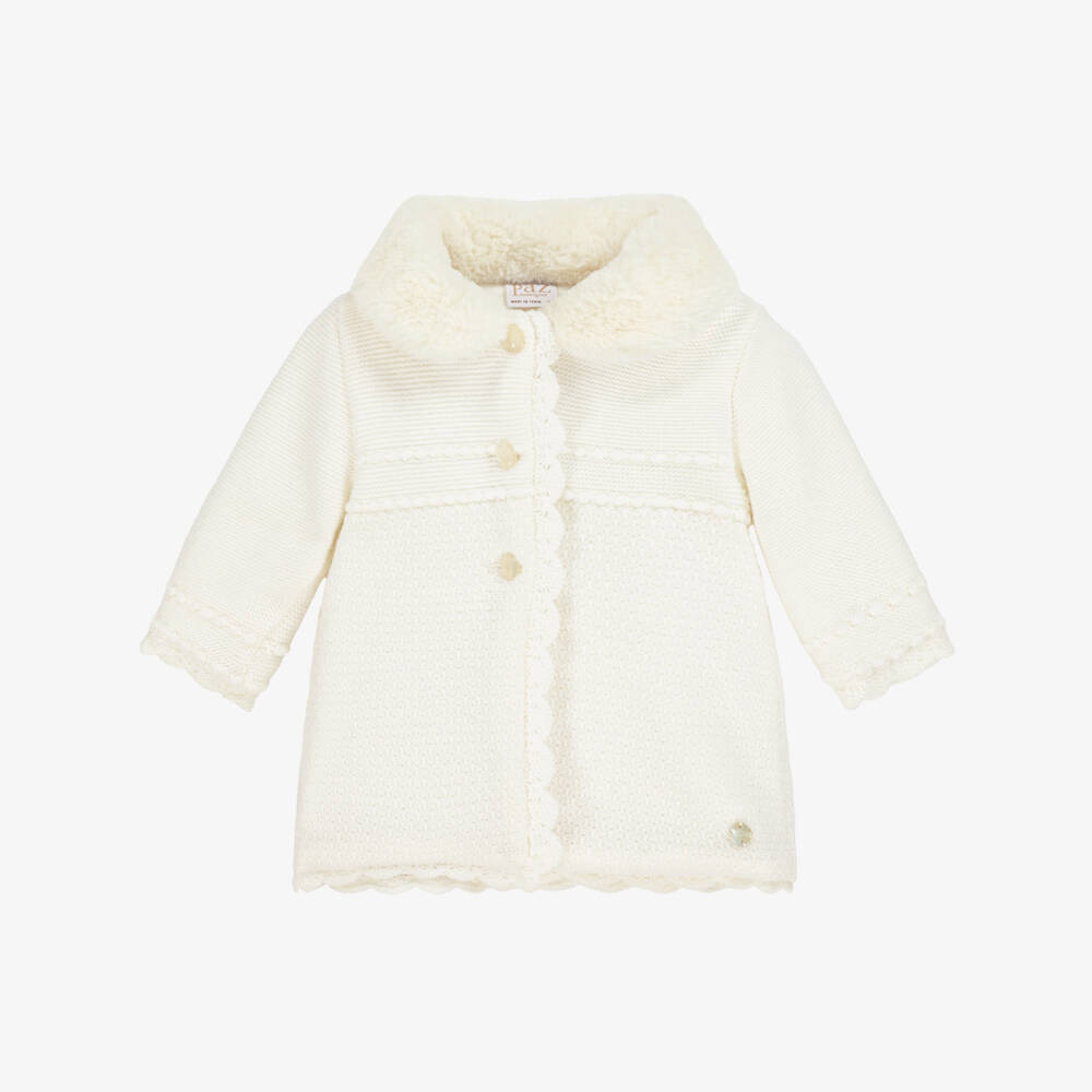 PAZ Rodríguez-Girls Ivory Knitted Coat with Faux Fur Collar | Childrensalon Outlet