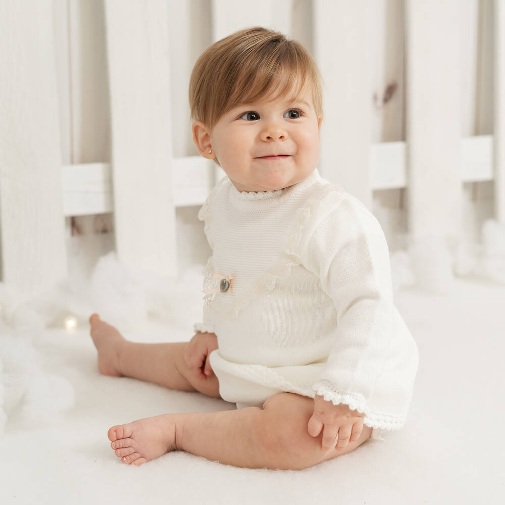 Artesanía Granlei-Girls Ivory Knitted Dress with Lace Trim | Childrensalon Outlet