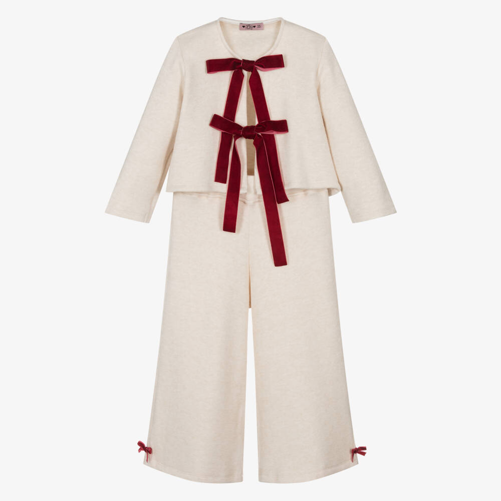 Phi Clothing-Girls Ivory Knitted Trouser Set with Ribbon Ties | Childrensalon Outlet