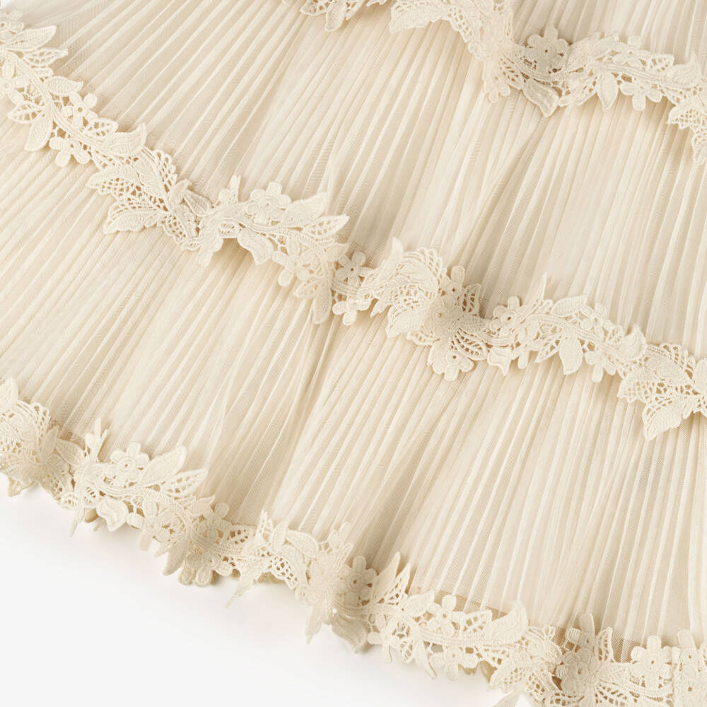 Marlo Kids-Girls Ivory Lace & Pleated Tulle Tiered Maxi Dress | Childrensalon Outlet