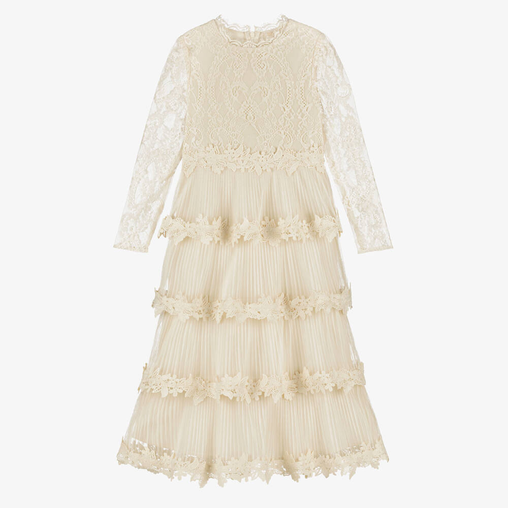 Marlo Kids-Girls Ivory Lace & Pleated Tulle Tiered Maxi Dress | Childrensalon Outlet