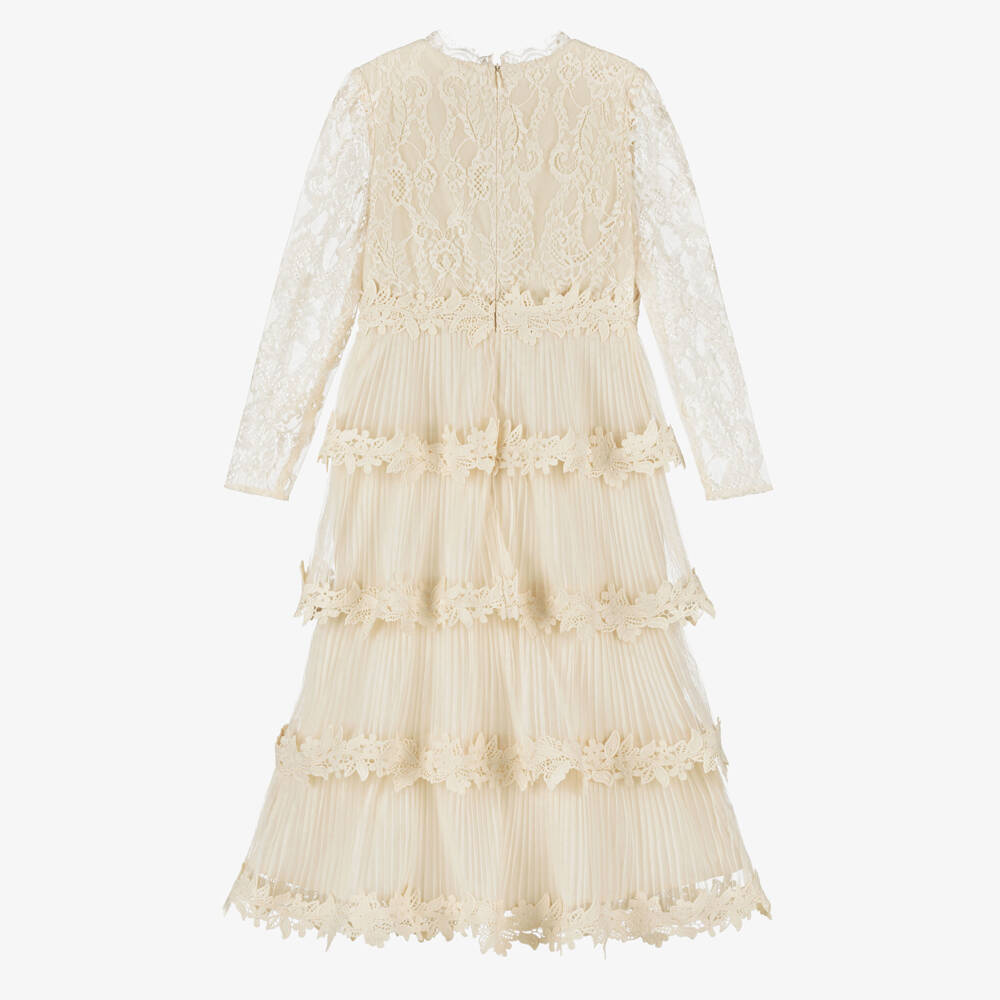 Marlo Kids-Girls Ivory Lace & Pleated Tulle Tiered Maxi Dress | Childrensalon Outlet