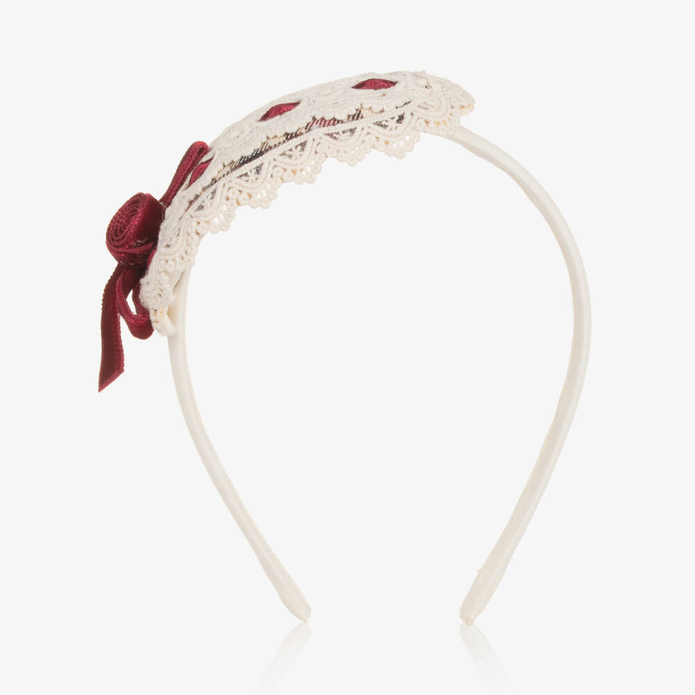 Abuela Tata-Girls Ivory Lace & Red Velvet Rosette Hairband | Childrensalon Outlet
