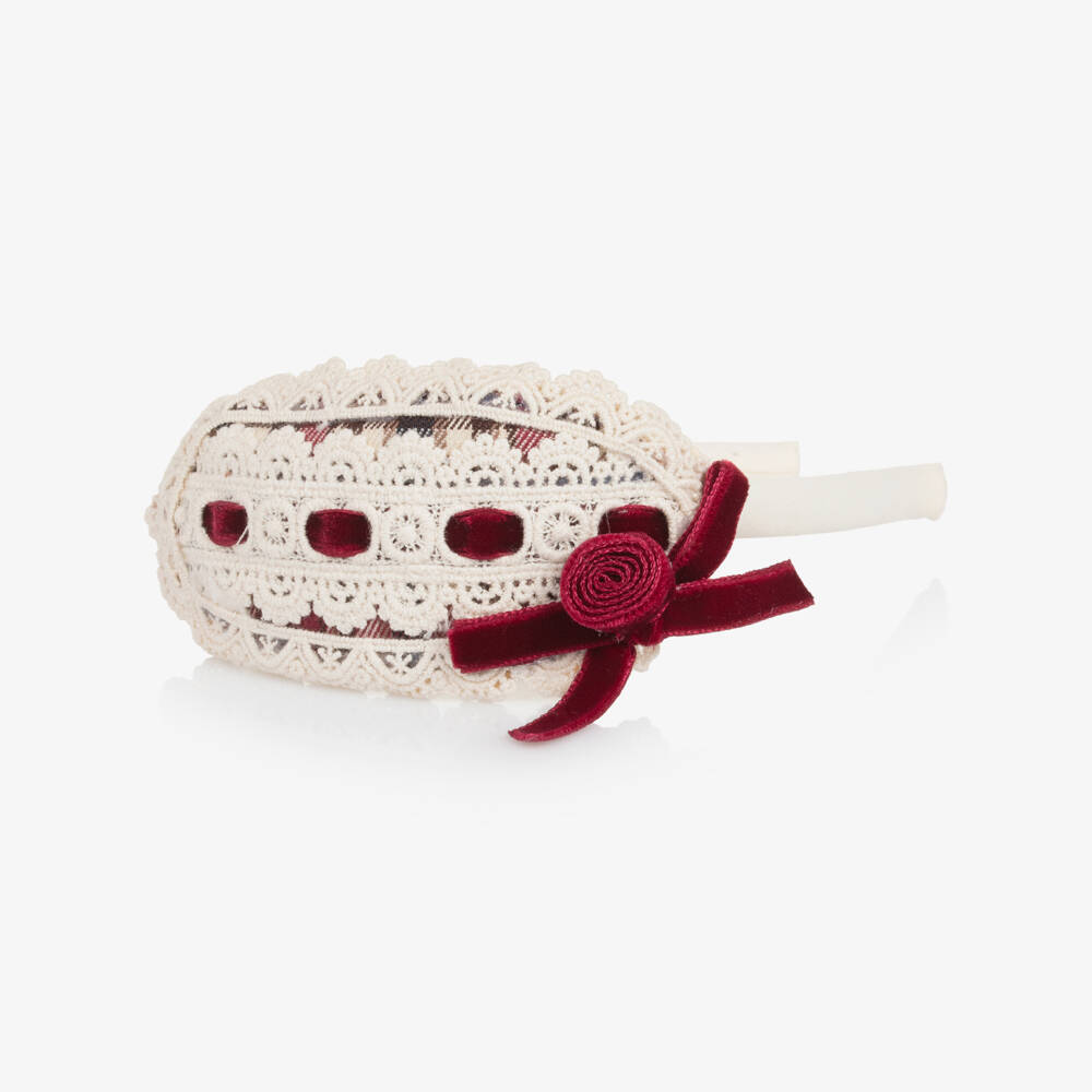 Abuela Tata-Girls Ivory Lace & Red Velvet Rosette Hairband | Childrensalon Outlet