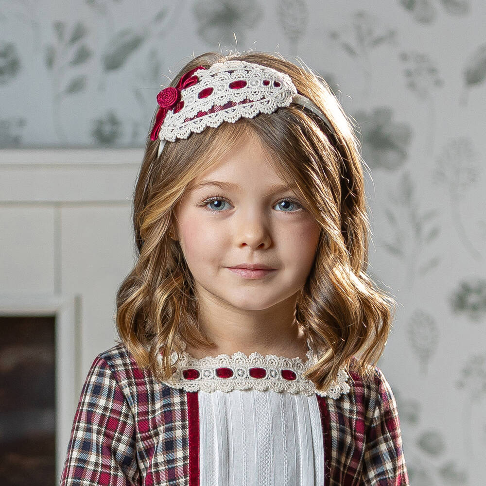 Abuela Tata-Girls Ivory Lace & Red Velvet Rosette Hairband | Childrensalon Outlet