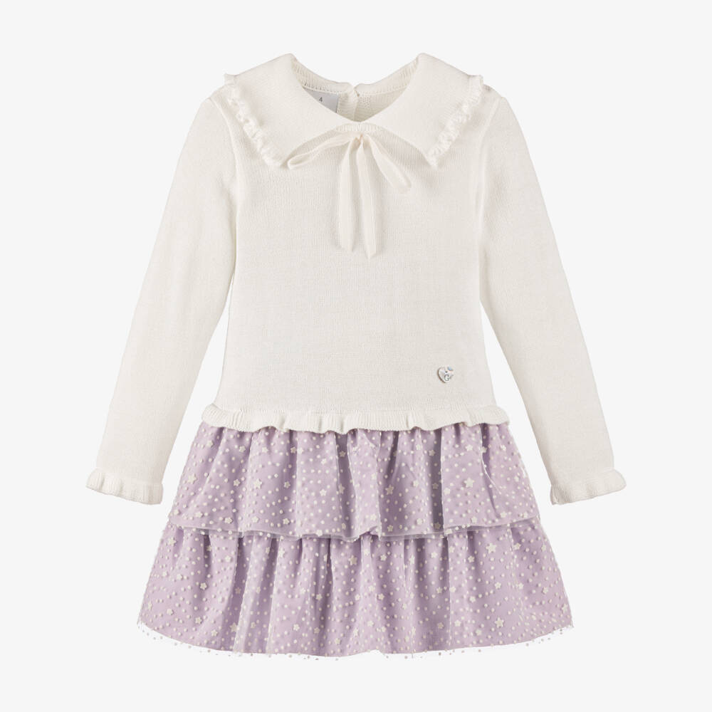 Artesanía Granlei-Girls Ivory & Lilac Cotton Dress with Starry Tulle Overlay | Childrensalon Outlet