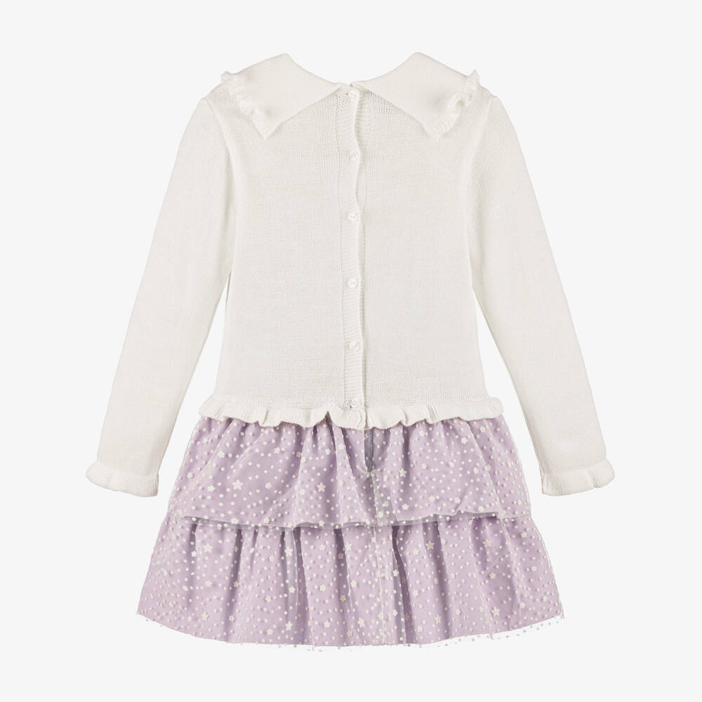 Artesanía Granlei-Girls Ivory & Lilac Cotton Dress with Starry Tulle Overlay | Childrensalon Outlet