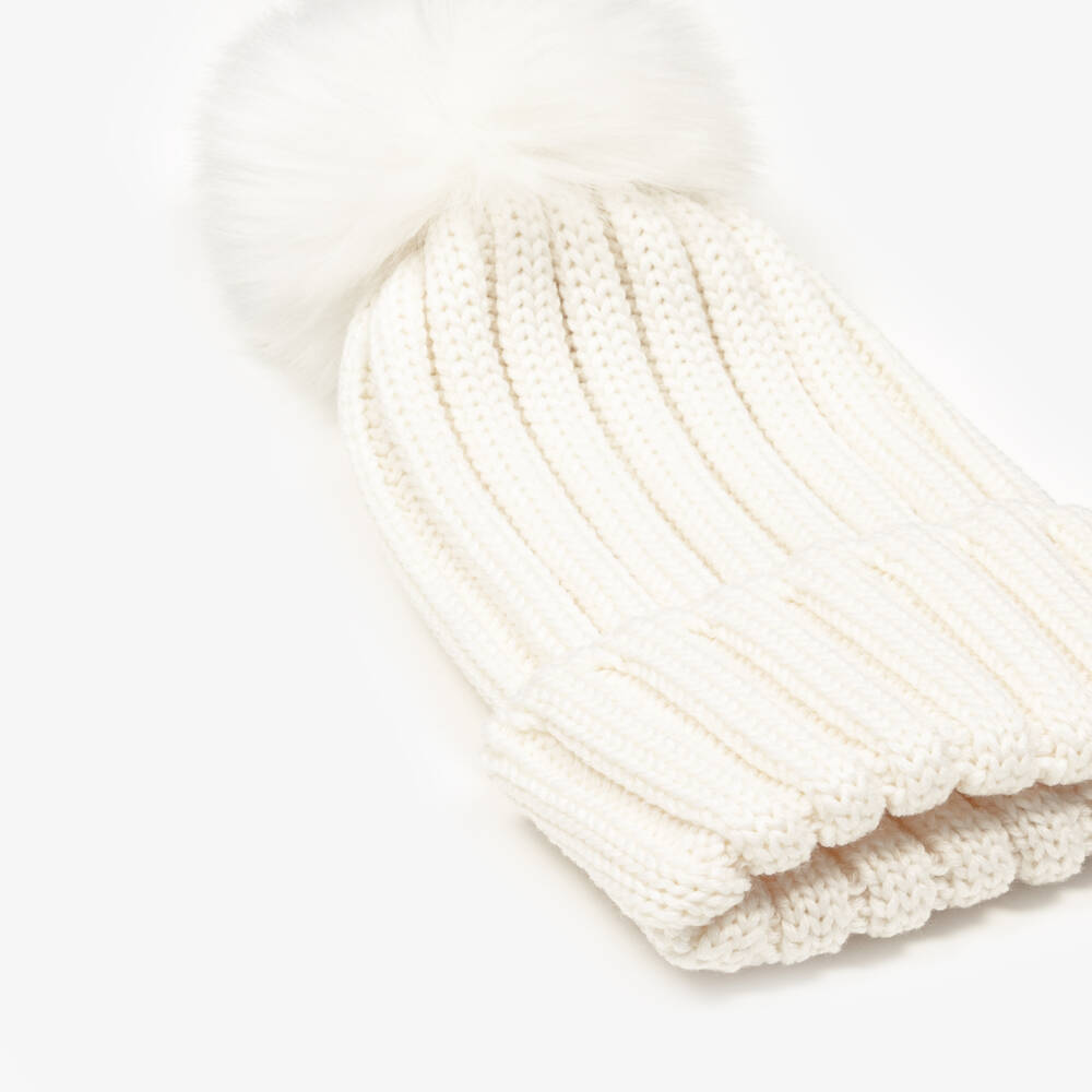 Catya-Girls Ivory Merino Wool Knit Hat with Faux Fur Pom-Pom | Childrensalon Outlet