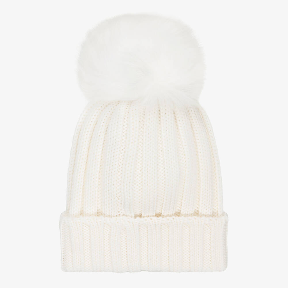 Catya-Girls Ivory Merino Wool Knit Hat with Faux Fur Pom-Pom | Childrensalon Outlet