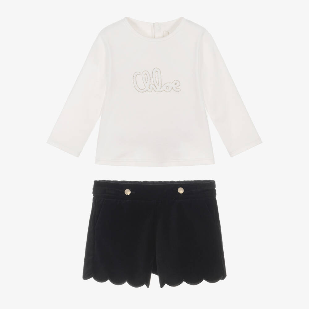 Chloé-Girls Ivory & Navy Blue Velvet Shorts Set | Childrensalon Outlet