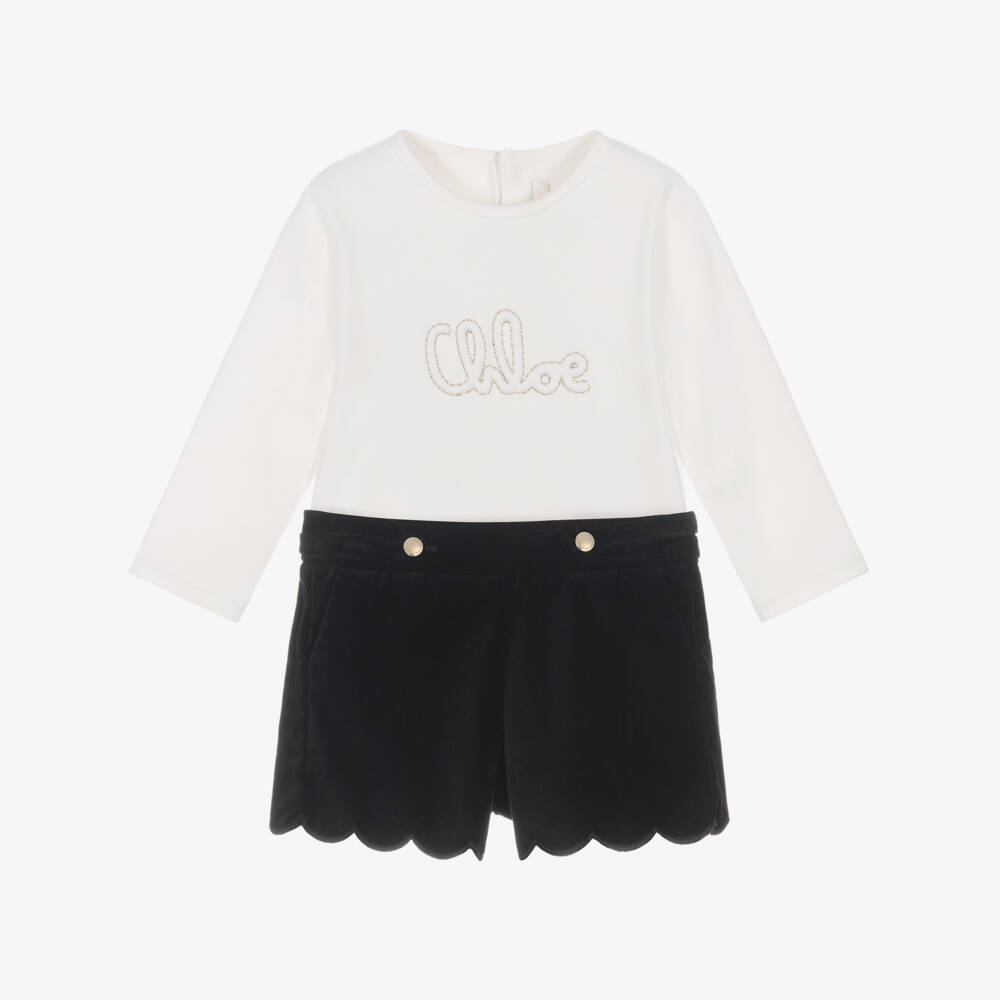 Chloé-Girls Ivory & Navy Blue Velvet Shorts Set | Childrensalon Outlet