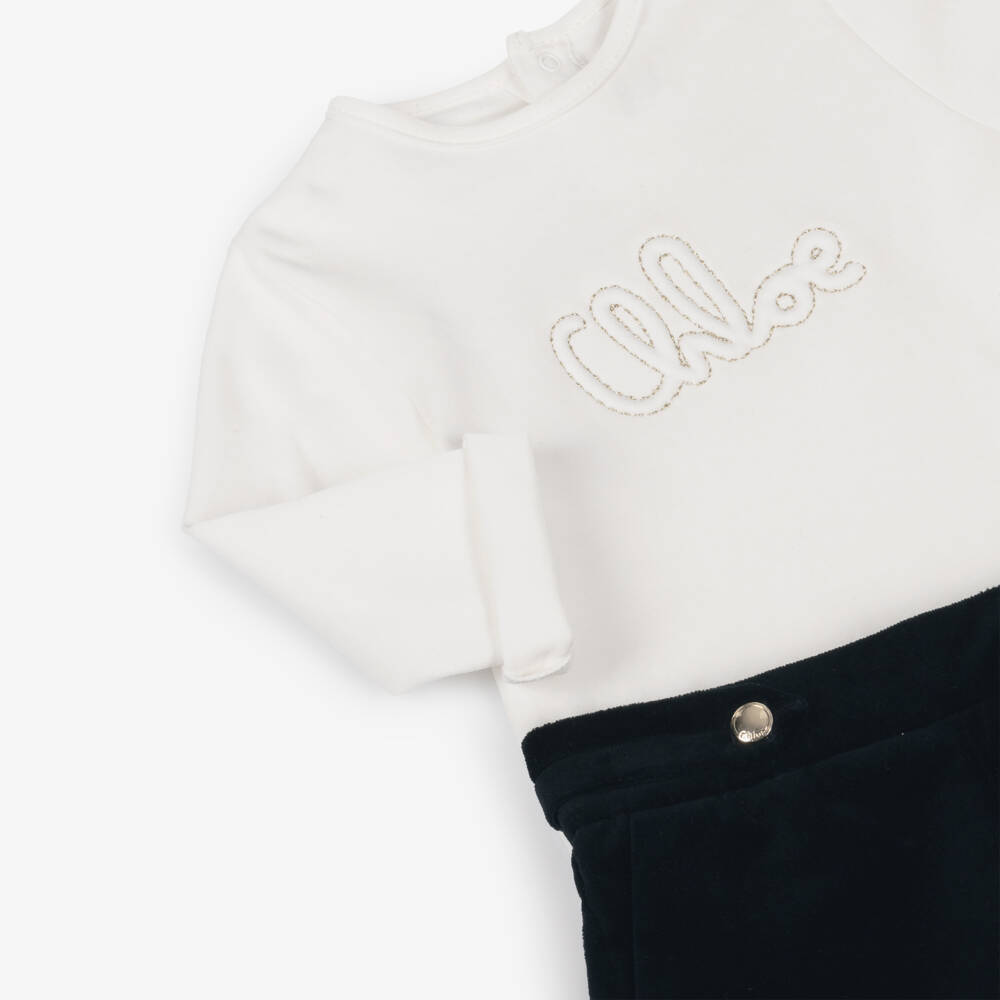 Chloé-Girls Ivory & Navy Blue Velvet Shorts Set | Childrensalon Outlet