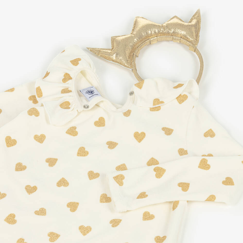 Petit Bateau-Girls Ivory Night Dress with Gold Hearts & Crown Hairband | Childrensalon Outlet