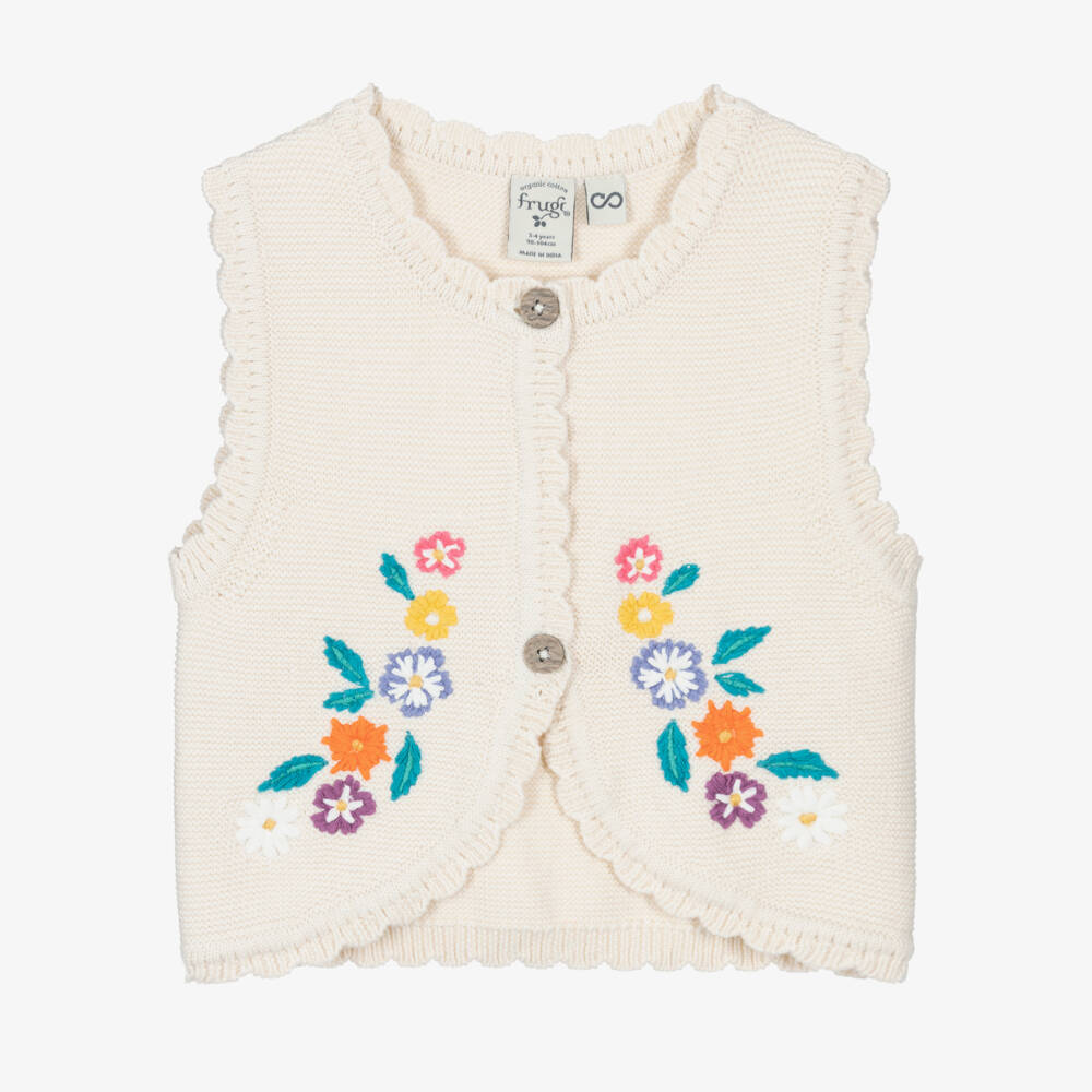 Frugi-Girls Ivory Organic Cotton Knit Floral Embroidered Waistcoat | Childrensalon Outlet