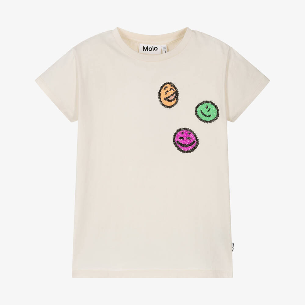 Molo-Girls Ivory Organic Cotton Sequin Faces T-Shirt | Childrensalon Outlet