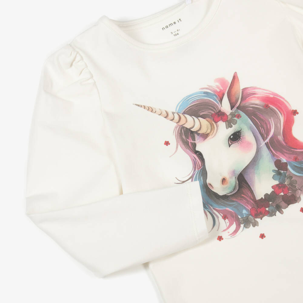 NAME IT-Girls Ivory Organic Cotton Top with Pink Unicorn | Childrensalon Outlet